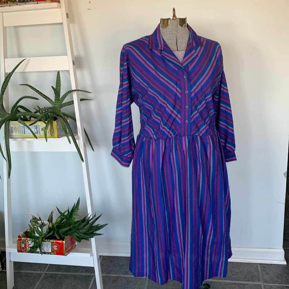 Vintage purple with rainbow stripe button up cotton dress size large